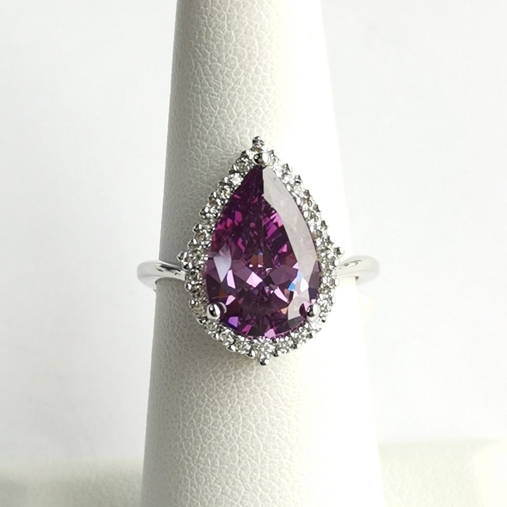 Amethyst CZ Halo Ring Teardrop Pear Cut Size 6